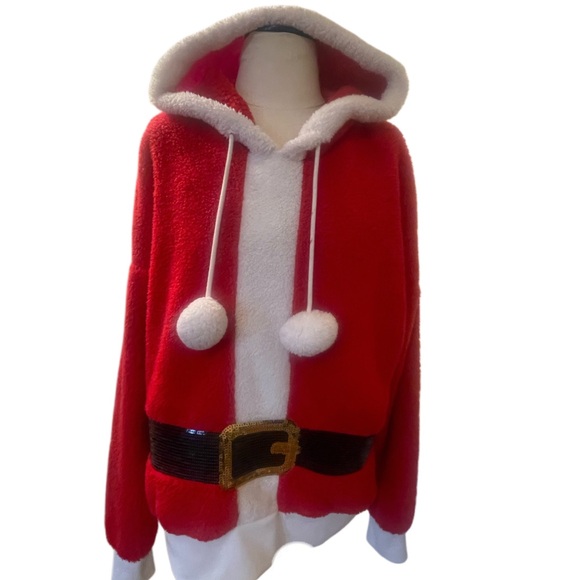 Christmas Santa sweater Large Sherpa Glitter Belt Pom Poms Holiday Top EUC Jem - Picture 2 of 5
